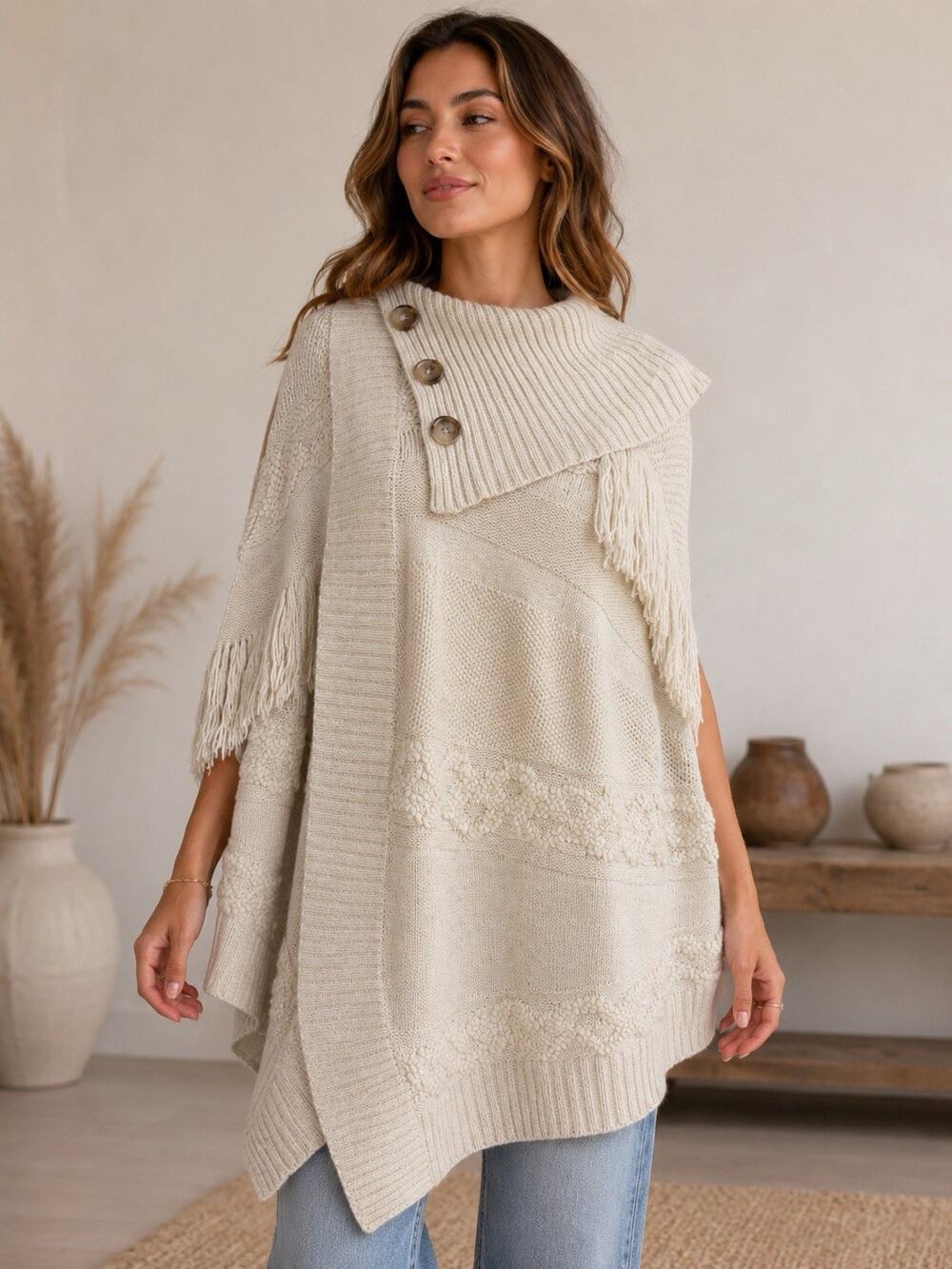 NWT INC Buttercream Cable Knit Fringe Asymmetric Poncho Sweater S/M Boho Cozy
